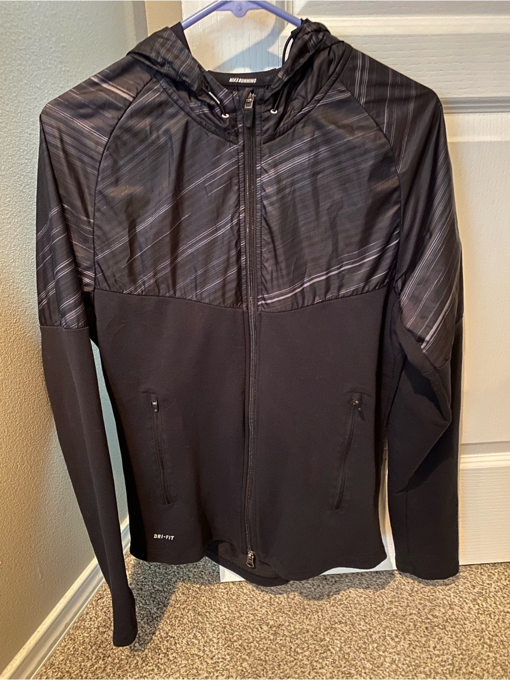 Nike Black Hooded Dri-FIT running jacket with Subtle Gray Stripe